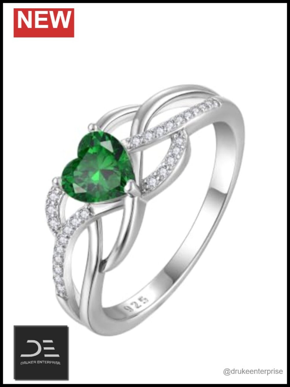 925 Sterling Silver Heart Statement Ring Green CZ